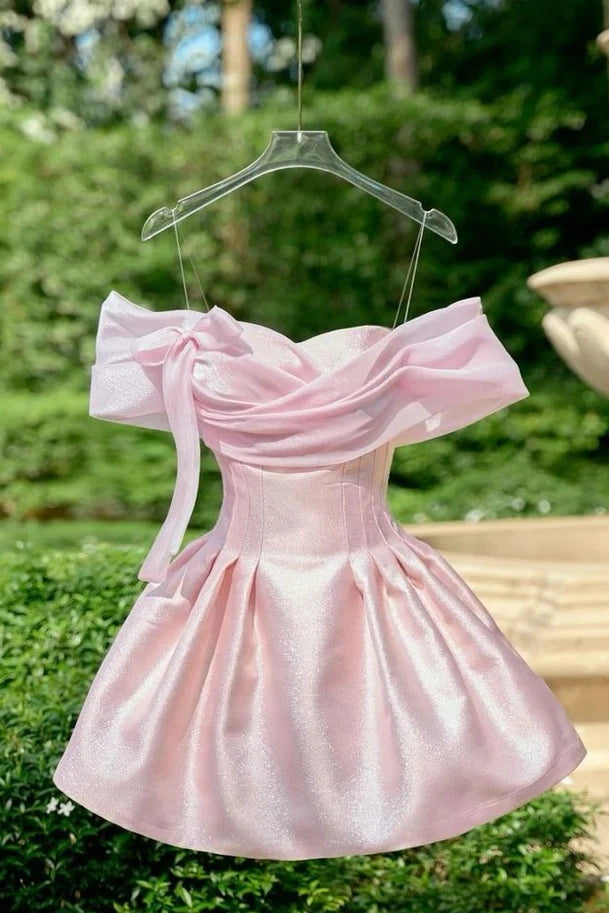 Candy Pink Satin A-Line Off-Shoulder Mini Homecoming Party Dress