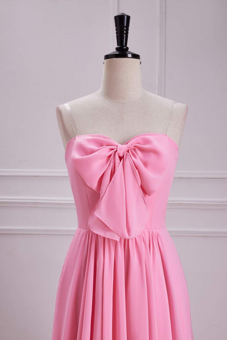 Candy Pink Strapless A-line Long Bridesmaid Dress with Bow front facing closeup image