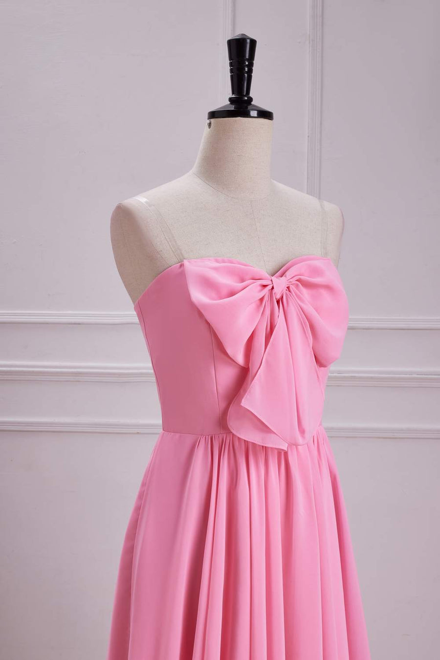 Candy Pink Strapless A-line Long Bridesmaid Dress with Bow front left side image