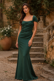 Cap Sleeves Mermaid Satin Ruched Empire Long Mother Of The Bride Dress 