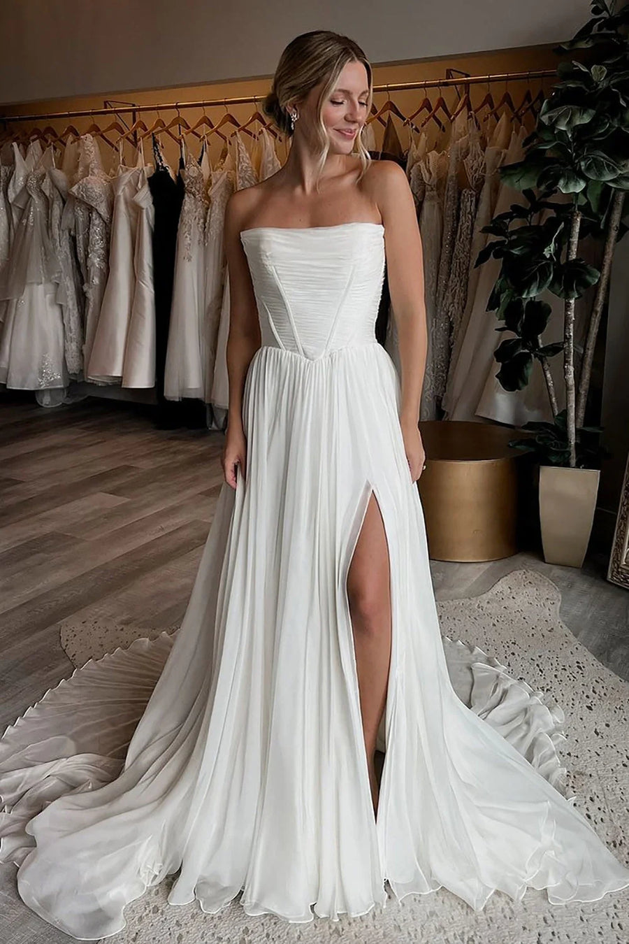 Casual A-Line Strapless Empire Chiffon Summer Wedding Dress White / Custom Size