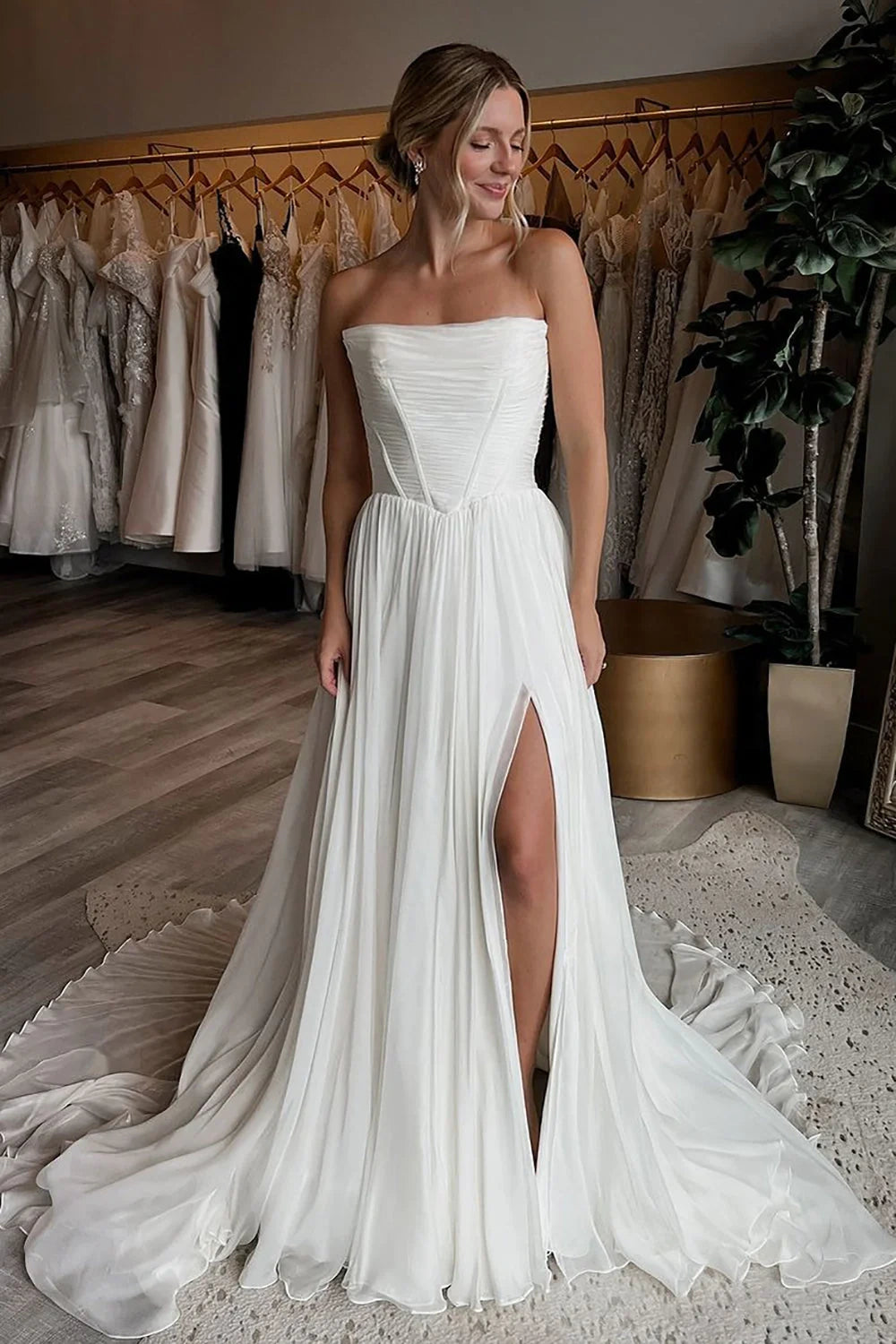 Casual A-Line Strapless Empire Chiffon Summer Wedding Dress White / Custom Size