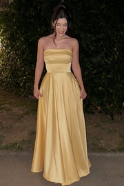 Casual A-Line Strapless Satin Party Prom Dress With Side Slit 