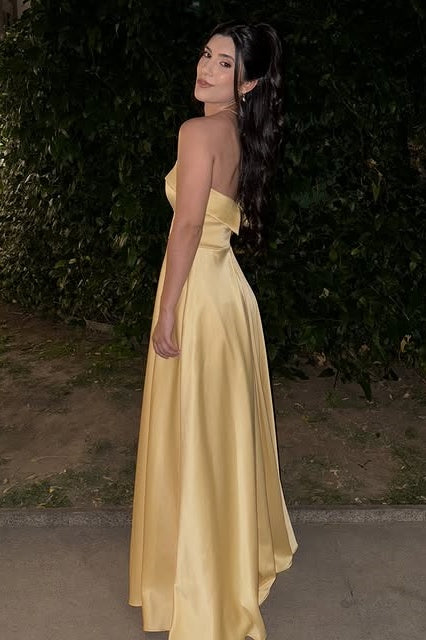 Casual A-Line Strapless Satin Party Prom Dress With Side Slit 