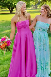 Casual Bateau Strapless A-Line Satin Empire Floor-Length Party Prom Dress