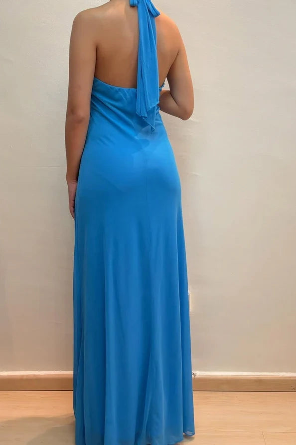 Casual Chiffon A-Line Halter Backless Floor-Length Party Prom Dress