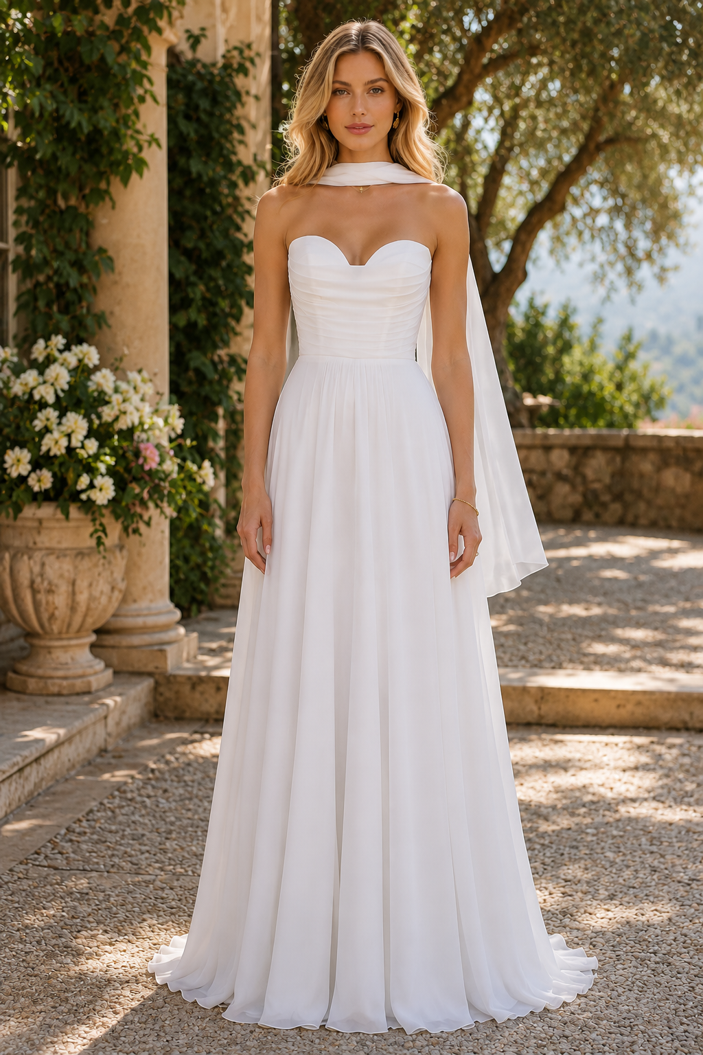 Casual Chiffon A-Line Strapless Pleated Summer Wedding Dress