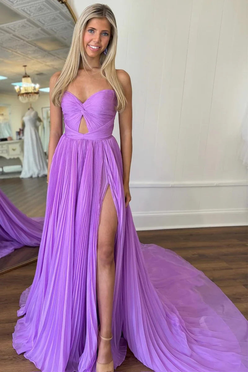 Casual Chiffon A-Line Sweetheart Strapless With Side Slit Prom Dress