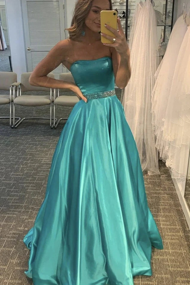 Casual Satin A-Line Bateau Sleeveless Beaded Prom Dress