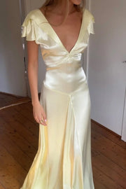 Casual Satin A-Line Low V-Neck Backless Maxi Party Prom Dress