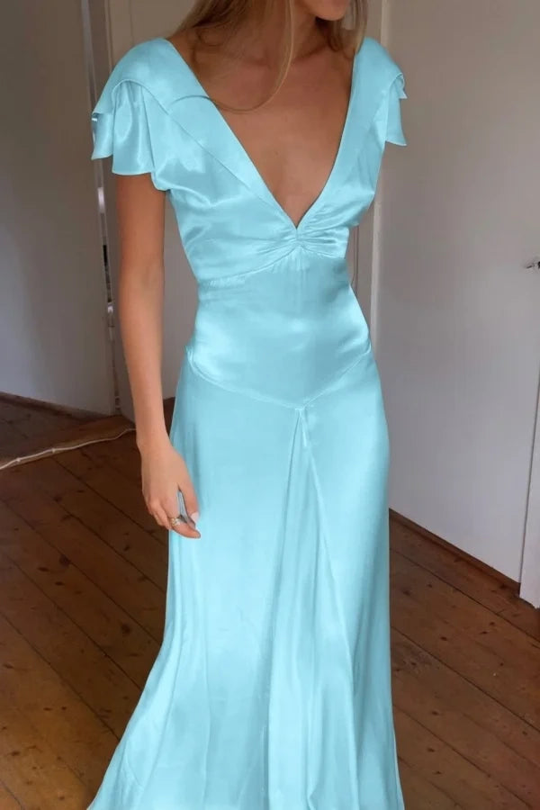 Casual Satin A-Line Low V-Neck Backless Maxi Party Prom Dress