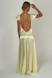 Casual Satin A-Line Low V-Neck Backless Maxi Party Prom Dress