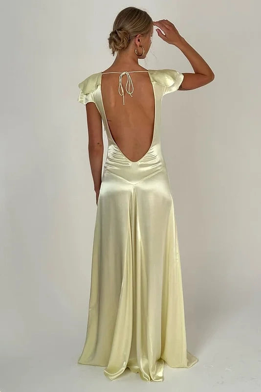 Casual Satin A-Line Low V-Neck Backless Maxi Party Prom Dress