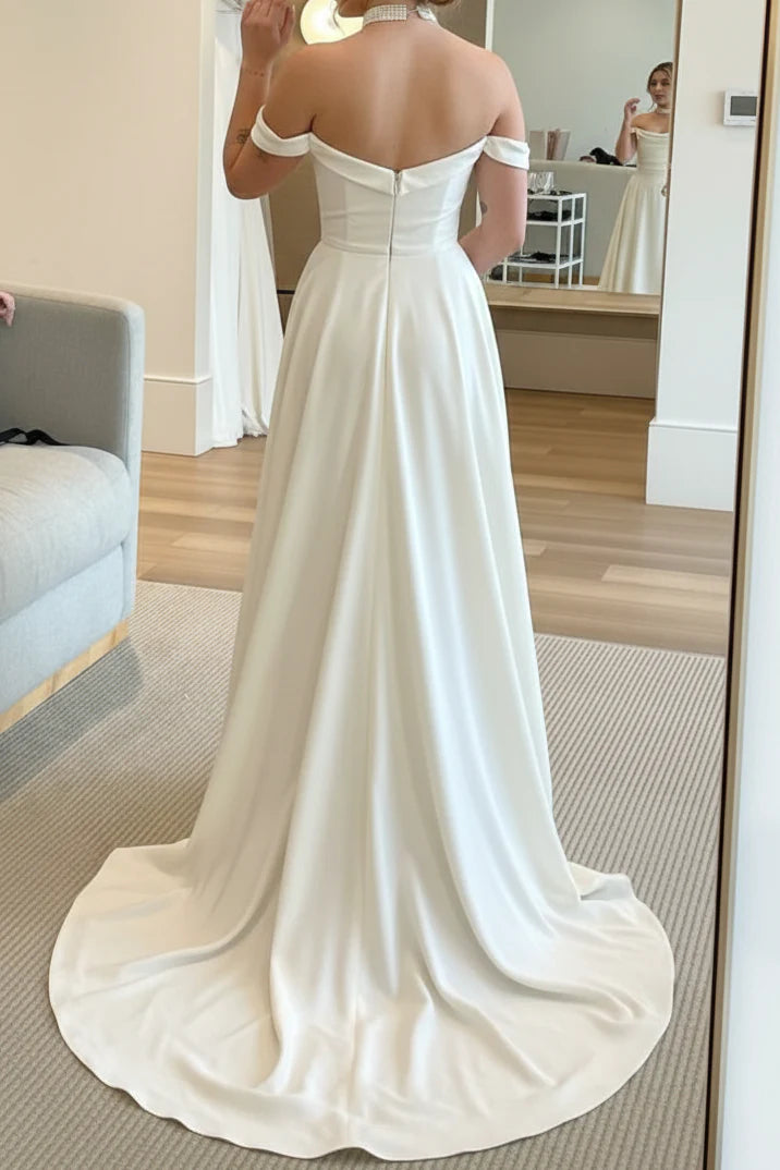 Casual Satin A-Line Off-Shoulder Empire Wedding Dress With Sweep Train Ivory / US 10