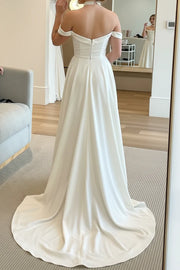Casual Satin A-Line Off-Shoulder Empire Wedding Dress With Sweep Train