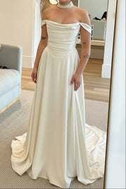 Casual Satin A-Line Off-Shoulder Empire Wedding Dress With Sweep Train