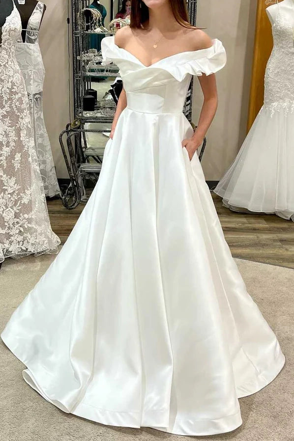Casual Satin A-Line Off-Shoulder Empire Wedding Dress Ivory / US 8 Casual Satin A-Line Off-Shoulder Empire Wedding Dress Ivory / US 8
