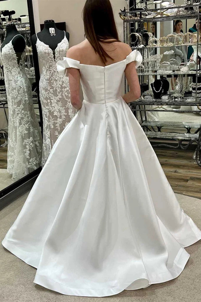 Casual Satin A-Line Off-Shoulder Empire Wedding Dress Ivory / US 8 Casual Satin A-Line Off-Shoulder Empire Wedding Dress Ivory / US 8