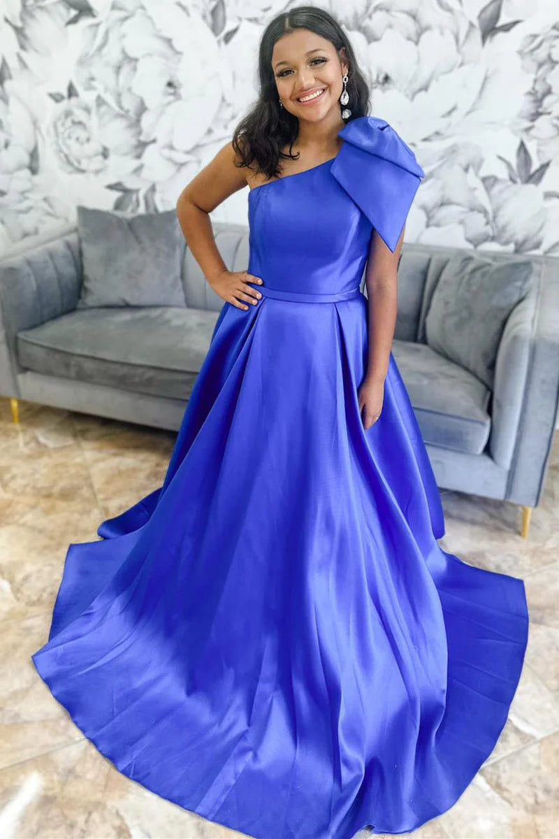  Casual Satin A-Line One Shoulder Empire With Pockets Blue