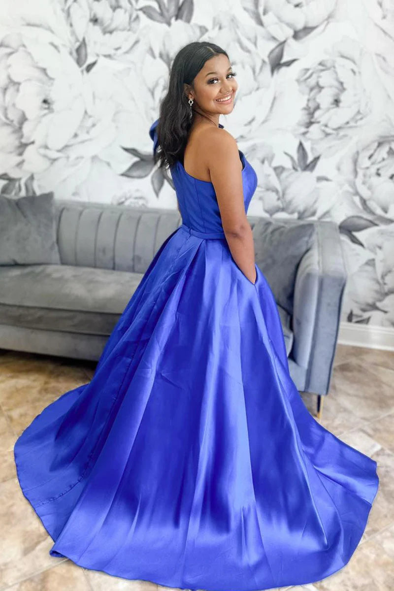 Casual Satin A-Line One Shoulder Empire With Pockets Blue Color