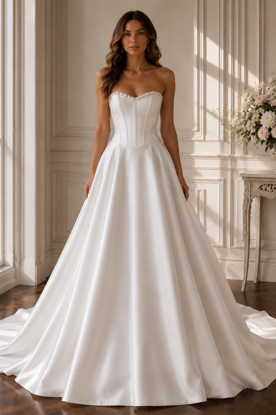 Casual Satin A-Line Pearl Sweetheart Wedding Dress With Train