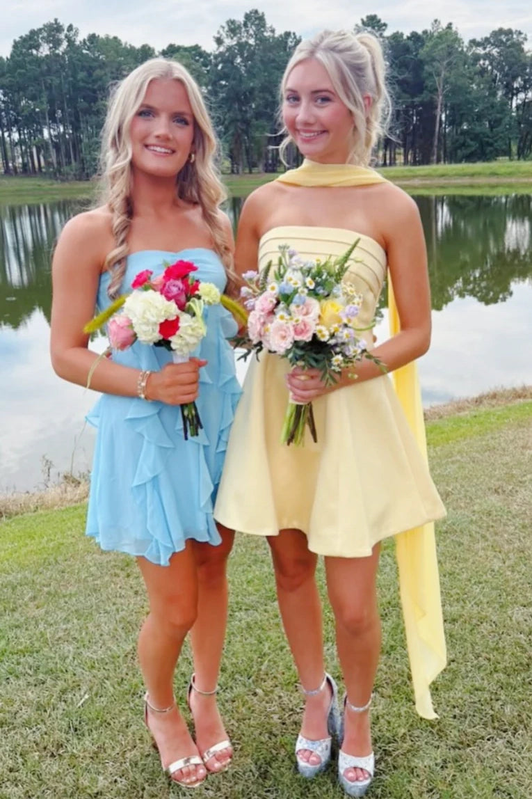 Casual Satin A-Line Pleated Strapless Short Party Homecoming Dress