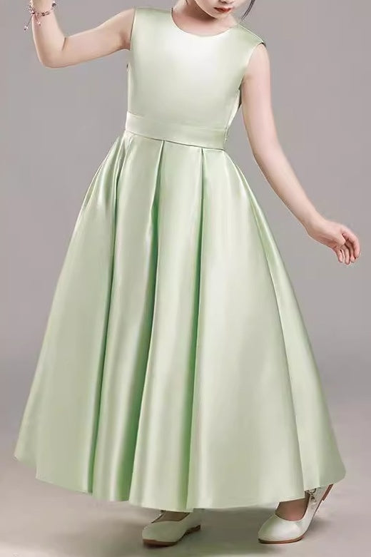 Casual Satin A-Line Round Empire Sleeveless Flower Girl Dress Dusty Sage / US 14