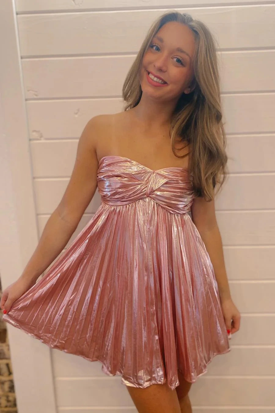Casual Satin A-Line Strapless Empire Pleated Party Homecoming Dress Pink / US 6 Casual Satin A-Line Strapless Empire Pleated Party Homecoming Dress Pink / US 6