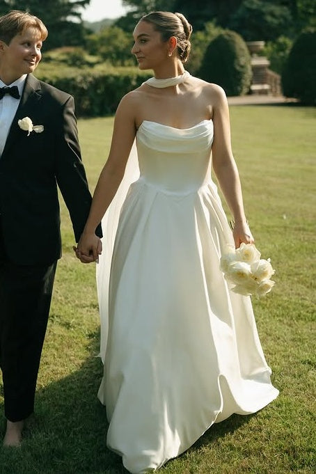 Casual Satin A-Line Strapless Empire Wedding Dress With Train Ivory / Custom Size