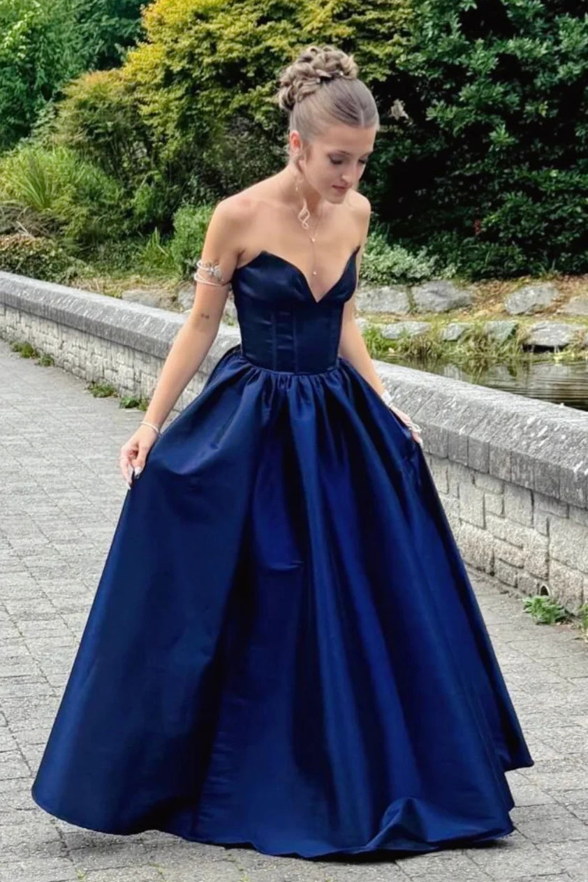 Casual Satin A-Line Strapless Lace-Up Party Prom Dress