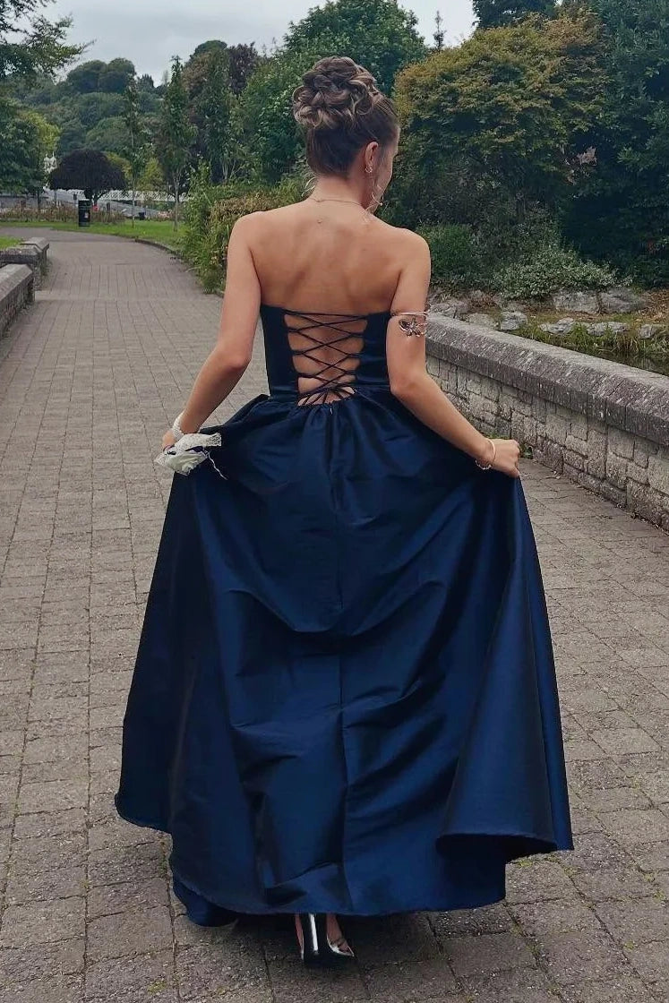 Casual Satin A-Line Strapless Lace-Up Party Prom Dress