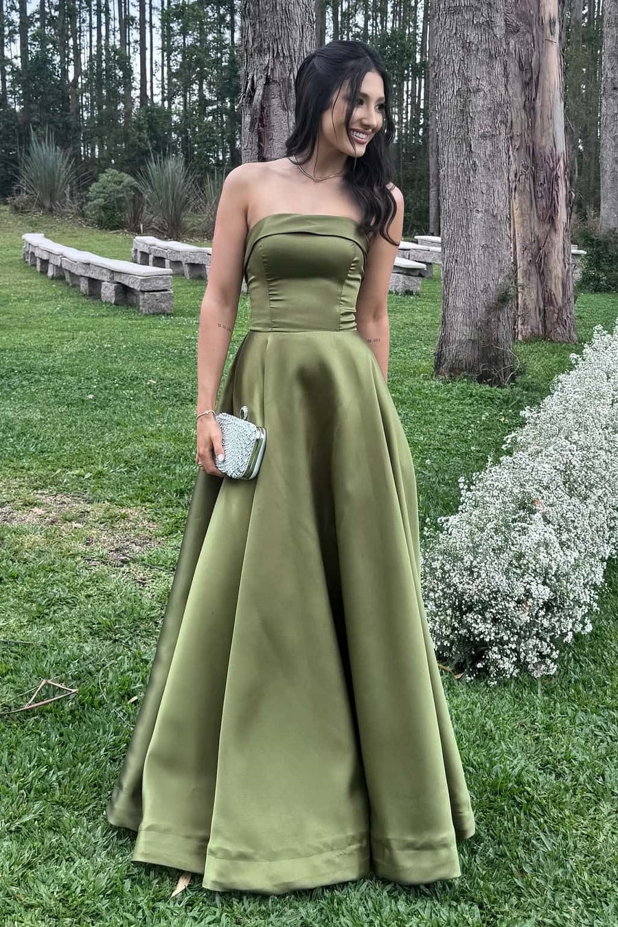 Casual Satin A-Line Strapless Lace Up Party Prom Dress With Pockets 