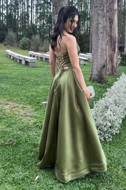 Casual Satin A-Line Strapless Lace Up Party Prom Dress With Pockets 