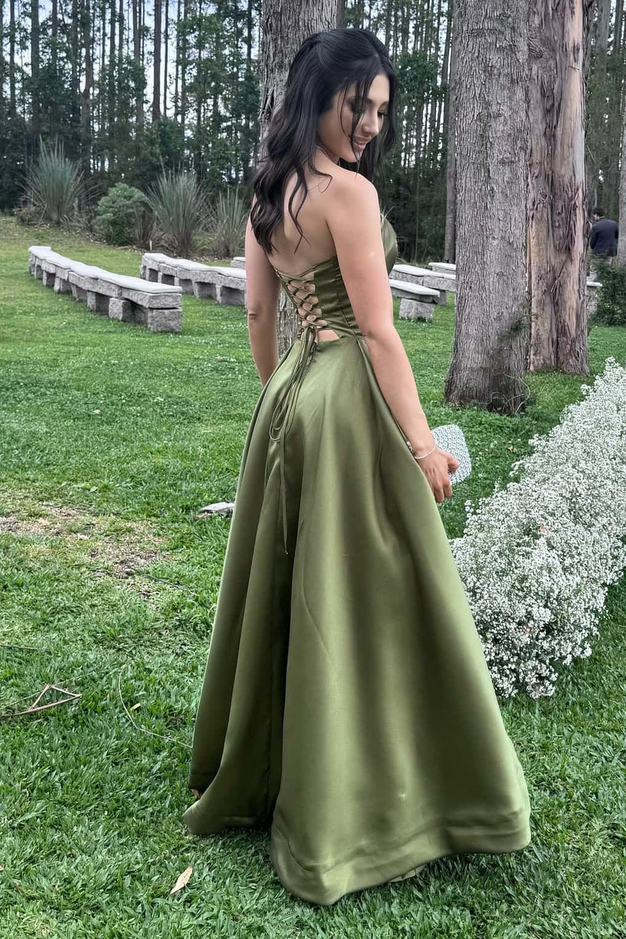 Casual Satin A-Line Strapless Lace Up Party Prom Dress With Pockets 