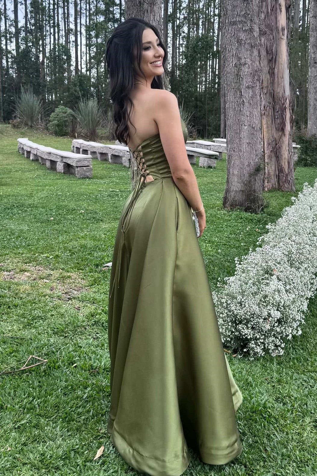 Casual Satin A-Line Strapless Lace Up Party Prom Dress With Pockets 