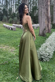 Casual Satin A-Line Strapless Lace Up Party Prom Dress With Pockets 