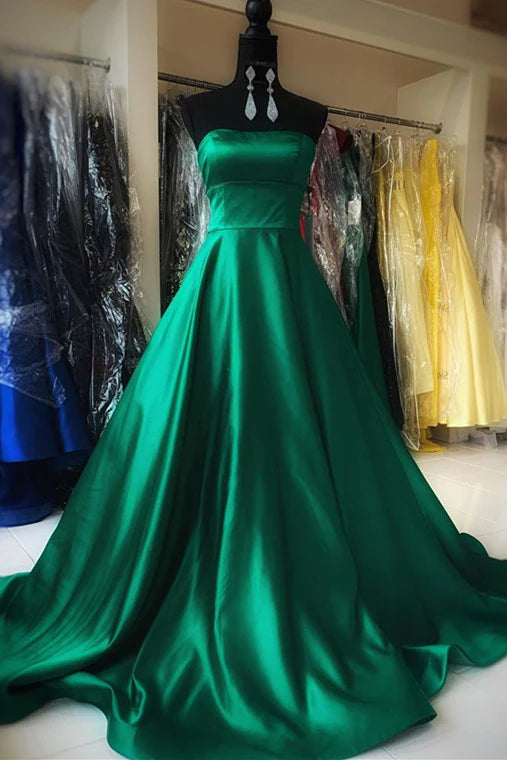 Casual Satin A-Line Strapless Long Party Prom Dress