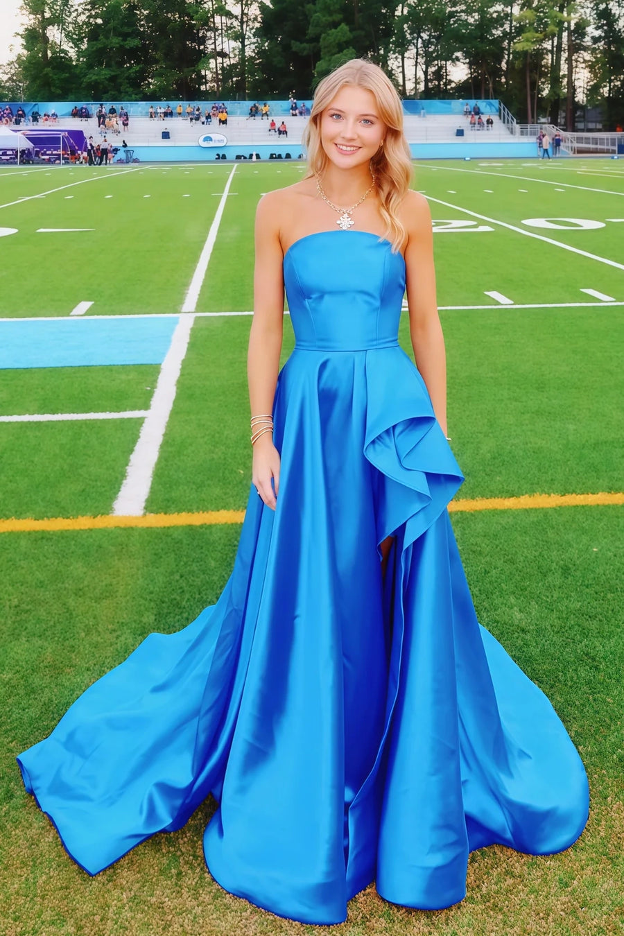 Casual Satin A-Line Strapless Party Prom Dress With Slit