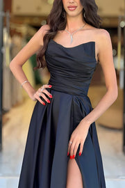 Casual Satin A-Line Strapless Party Prom Dress With Slit