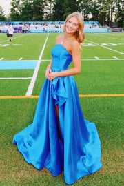 Casual Satin A-Line Strapless Party Prom Dress With Slit