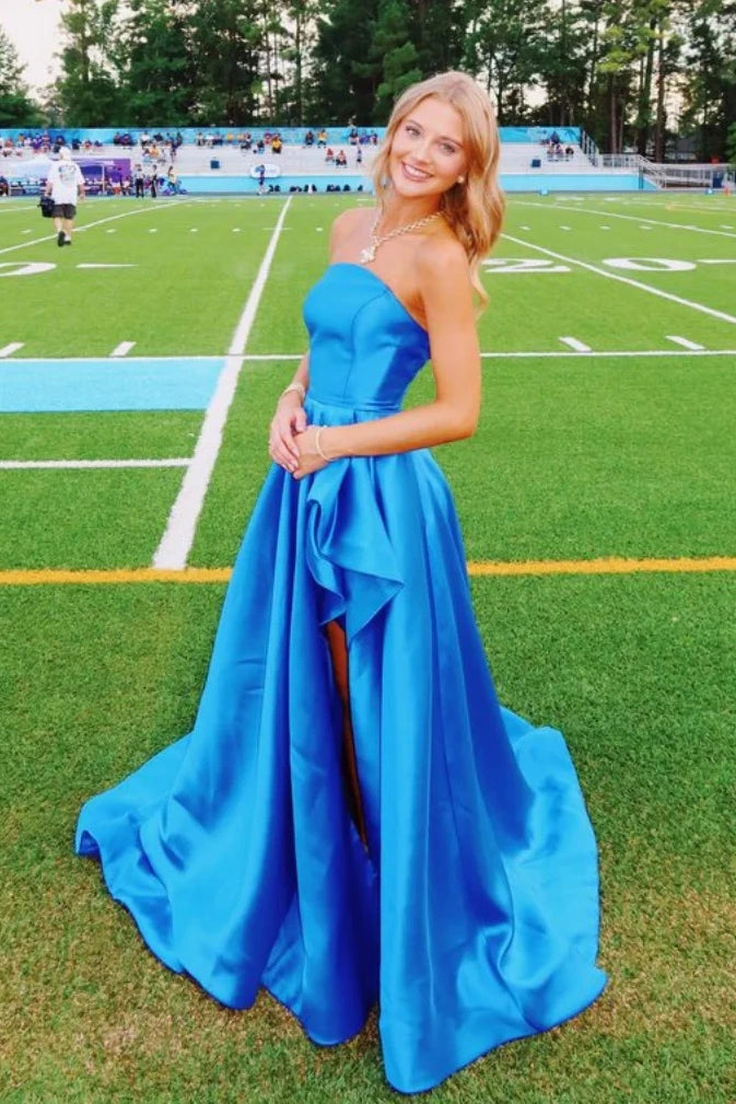 Casual Satin A-Line Strapless Party Prom Dress With Slit