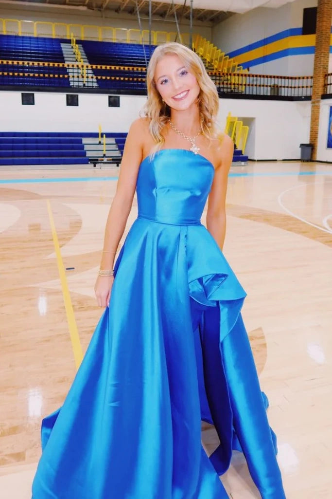 Casual Satin A-Line Strapless Party Prom Dress With Slit