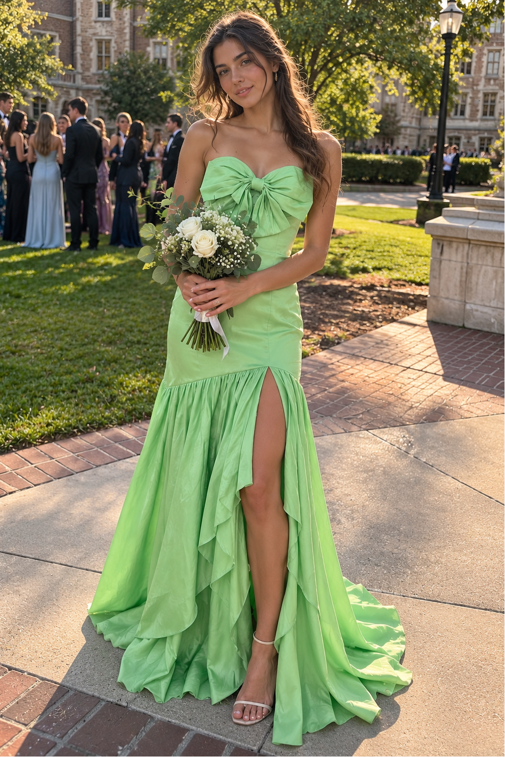 Casual Satin A-Line Strapless Zipped Party Prom Dress With Leg Slit