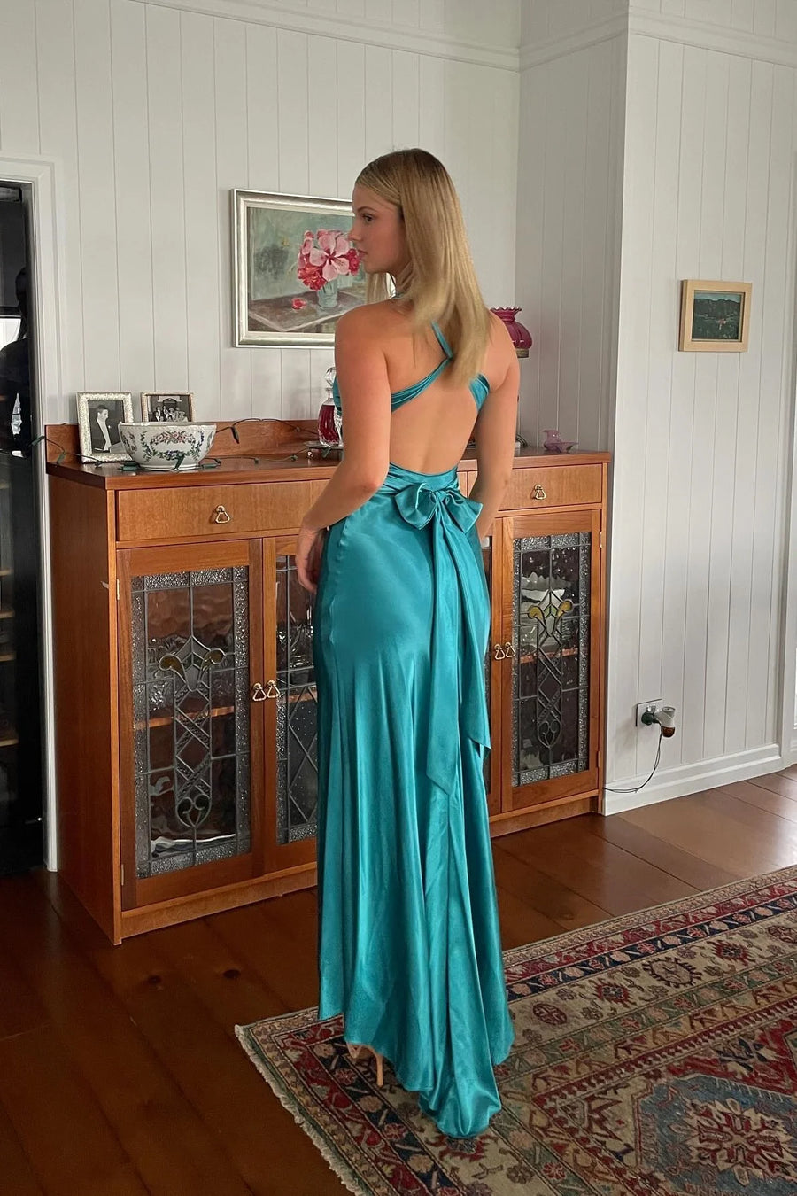 Casual Satin A-Line V-Neck Lace Up Party Prom Dress