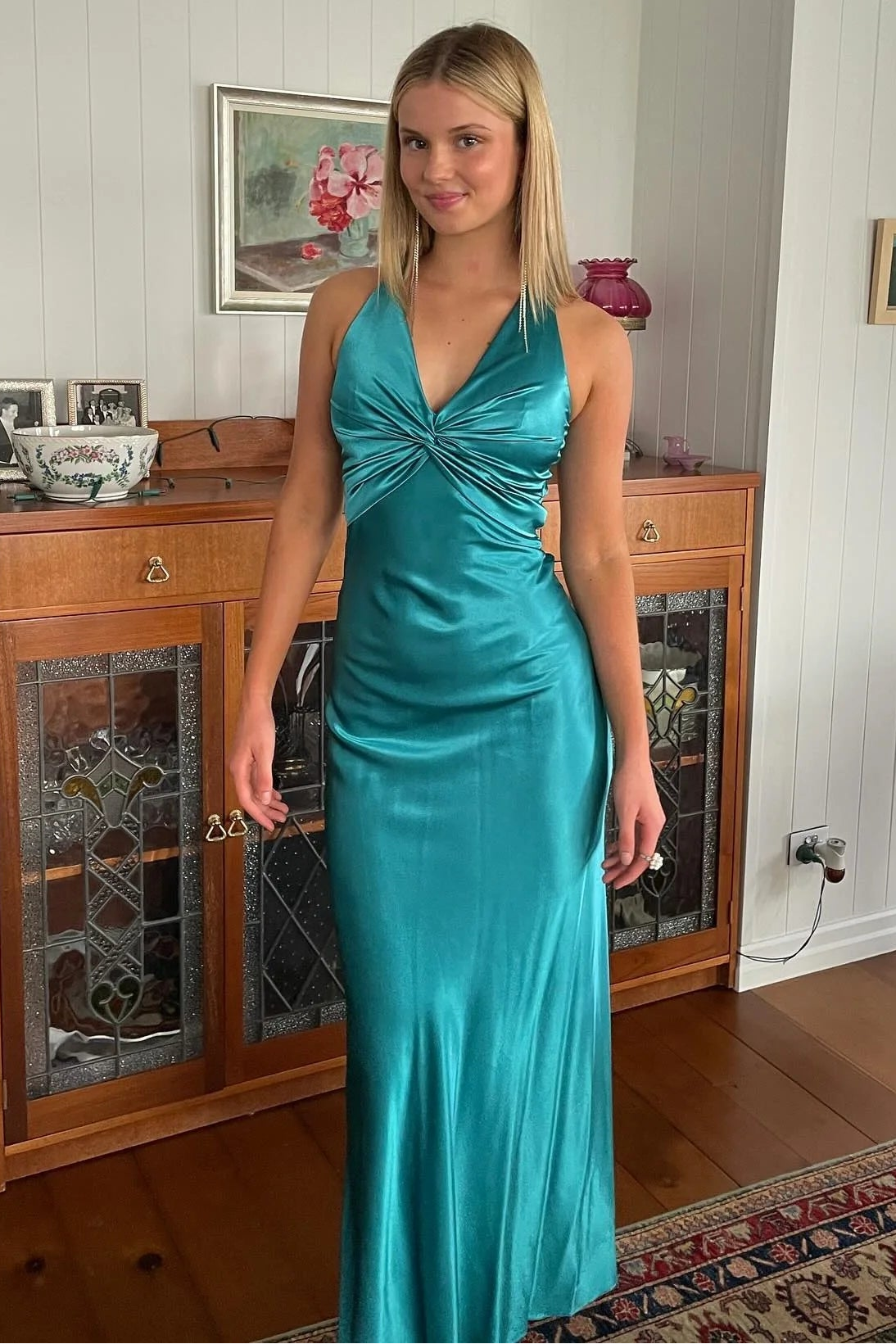 Casual Satin A-Line V-Neck Lace Up Party Prom Dress