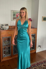 Casual Satin A-Line V-Neck Lace Up Party Prom Dress