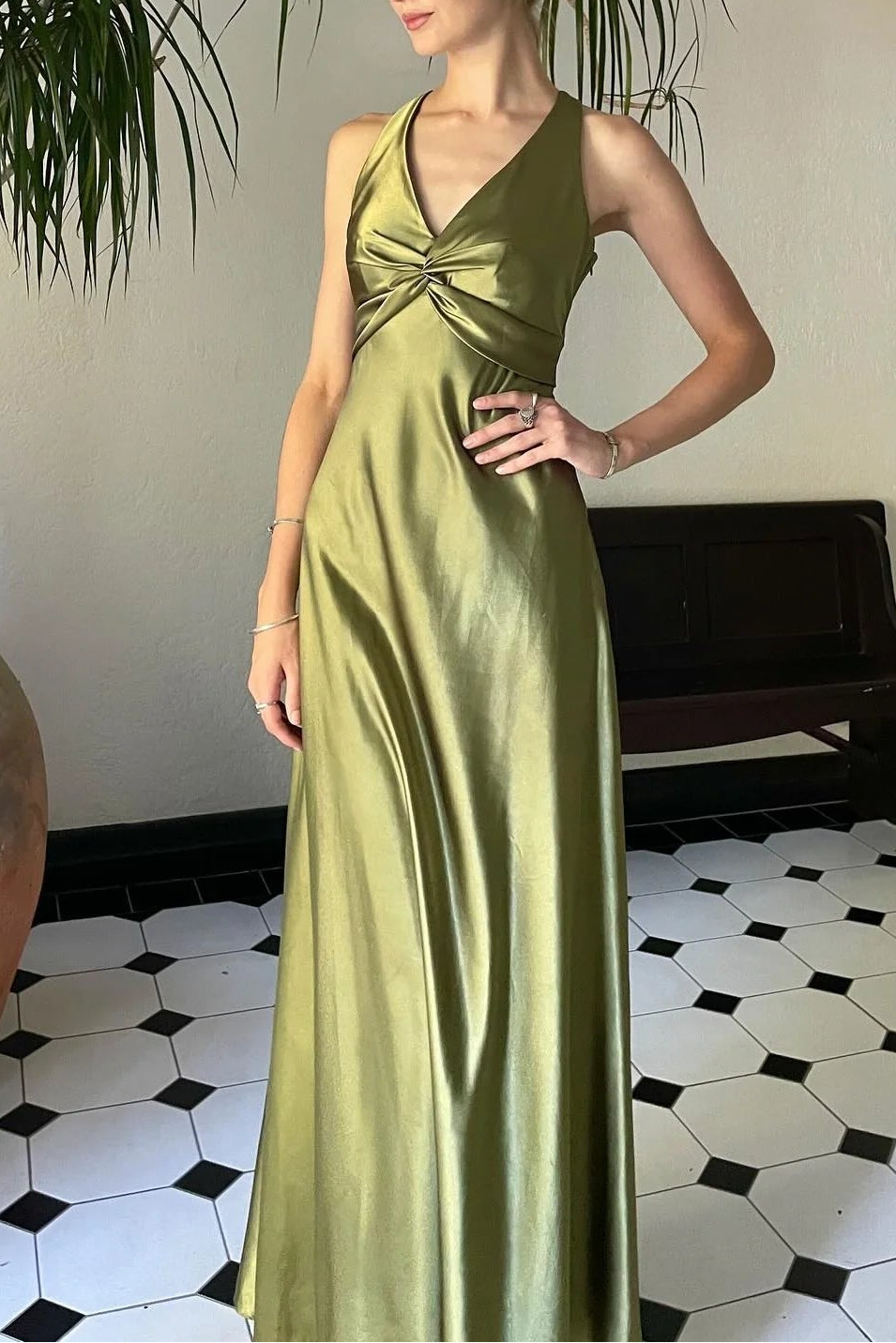 Casual Satin A-Line V-Neck Lace Up Party Prom Dress