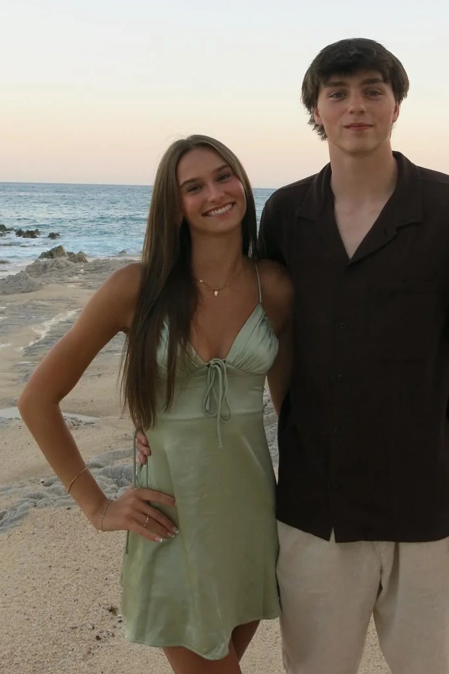 Casual Satin A-Line V-Neck Sleeveless Backless Homecoming Party Dress