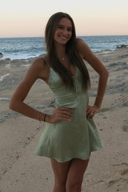 Casual Satin A-Line V-Neck Sleeveless Backless Homecoming Party Dress