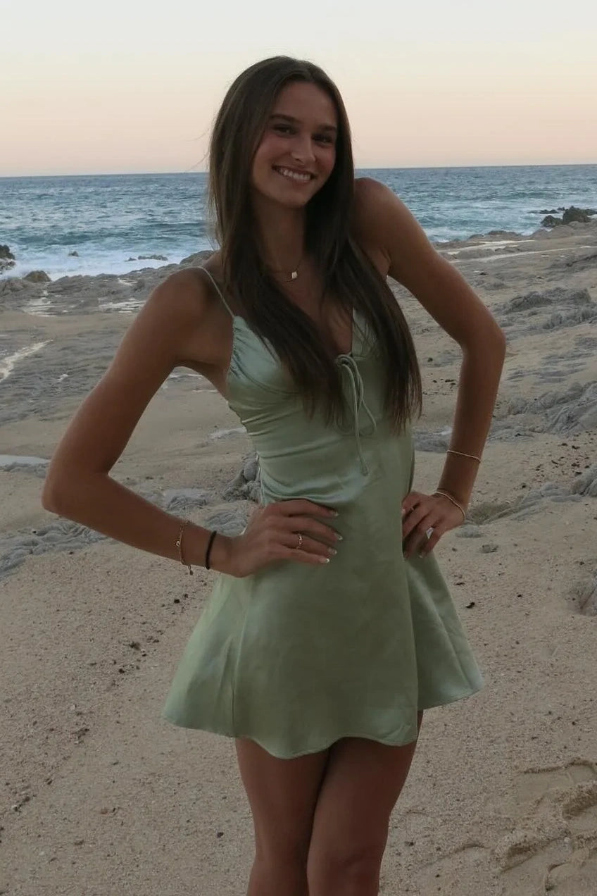 Casual Satin A-Line V-Neck Sleeveless Backless Homecoming Party Dress